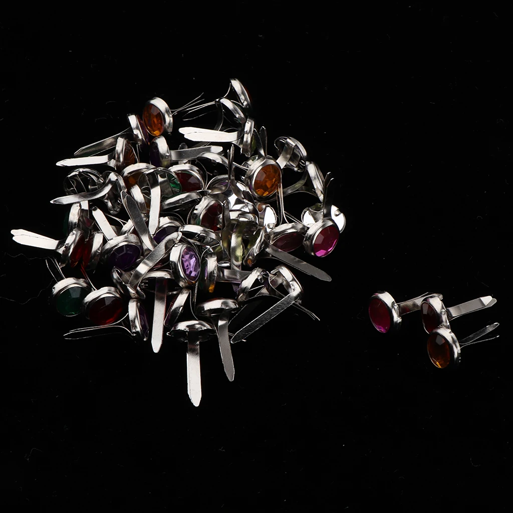 50x Mini Round Rhinestone Head 7mm Metal Brad Paper Fastener Embellishments for Kids Card Making Scrapbooking Art Crafts