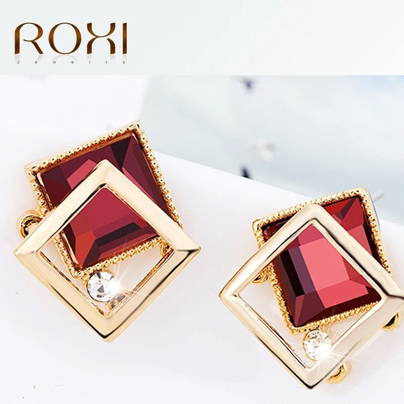 Image ROXI Women Stud Earrings 2017 Korean Fashion Jewelry Rose Gold Color Earrings for Women Red Crystal Earring brincos brand bijoux