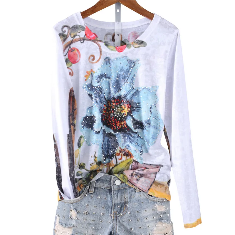 Fashion hot drilling blue floral double print thin t shirt women 2017 autumn new o-neck long sleeve Plus size M-4XL
Fashion hot drilling blue floral double print thin t shirt women 2017 autumn new o-neck long sleeve Plus size M-4XL