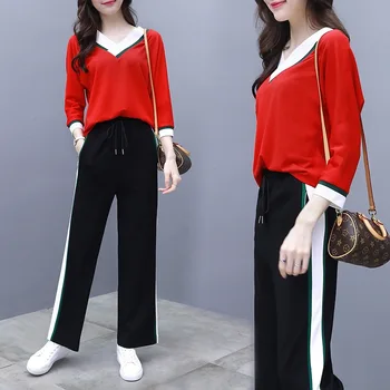 

Spring 2 Piece Set Women Palazzo Pants Conjunto Feminino Pantalon Femme Year-old Female Costume Tracksuit Top&pants Set Ukraine