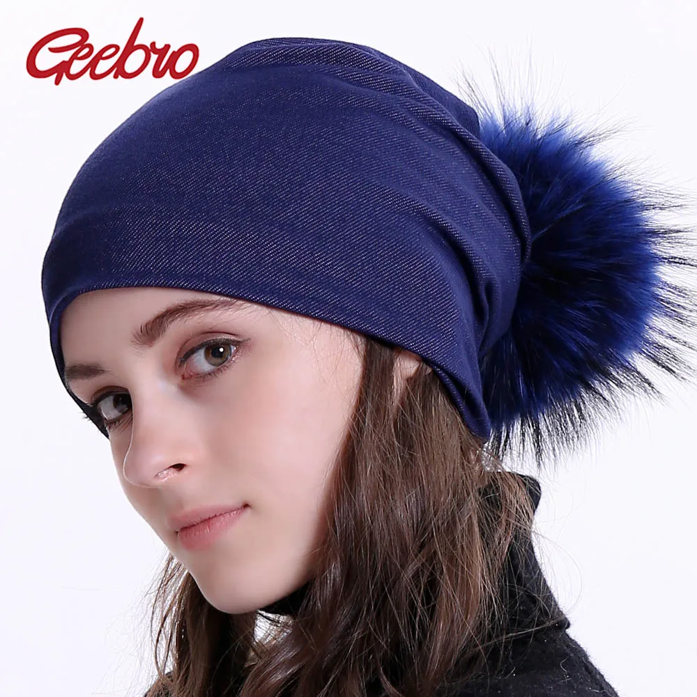 

Geebro Women's Jean Beanie Hat with Real Fur Pompom Autumn Plain Slouchy Beanie for Female Black Hat with Raccoon Fur Pompoms