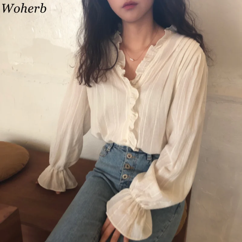 Woherb Elegant Ladies Tops White Blouses Women Long Sleeve See Through Ruffle Shirts Spring Autumn Korean Clothes Fashion Blusas
Woherb Elegant Ladies Tops White Blouses Women Long Sleeve See Through Ruffle Shirts Spring Autumn Korean Clothes Fashion Blusas