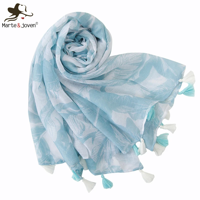 

Marte&Joven Women Elegant Light Blue Tropical Leaves Print Scarves Stoles Thin Soft Spring Autumn Warm Pashmina Wraps for Ladies