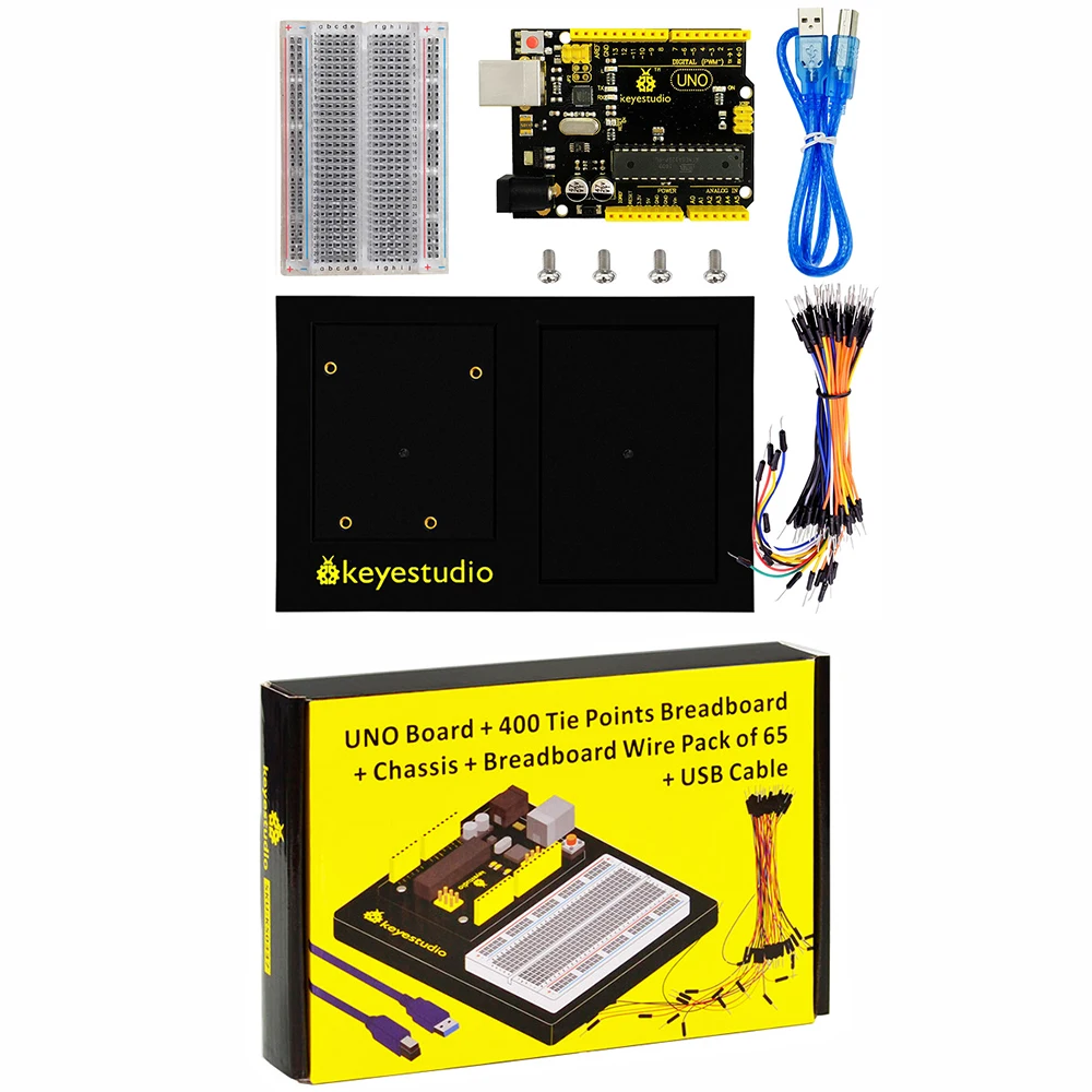 Keyestudio UNO R3 Board +400 Holes Transparent Breadboard +Chassis +65 Jumper Wires +50 cm USB Cable For Arduino DIY Project
Keyestudio UNO R3 Board +400 Holes Transparent Breadboard +Chassis +65 Jumper Wires +50 cm USB Cable For Arduino DIY Project