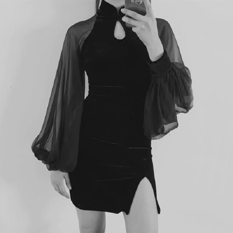 Summer Velvet Dress Women Chinese Cheongsam Hem Split Mesh Stitching Lantern Sleeve Retro Sexy Dress Tight Dress Black
Summer Velvet Dress Women Chinese Cheongsam Hem Split Mesh Stitching Lantern Sleeve Retro Sexy Dress Tight Dress Black
