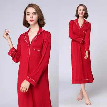 Red Ladies Nightgown With Buttons Turn-down Collar Spring Autumn Modal Pure Color Night Dress For Women Full SLeeve Nighty
Red Ladies Nightgown With Buttons Turn-down Collar Spring Autumn Modal Pure Color Night Dress For Women Full SLeeve Nighty