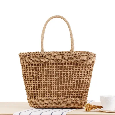 2019 New Rattan Handle Woven Bag Big Beach Shoulder Simple Pure Color Straw Hollow Package Handbags Wholesale | Багаж и сумки