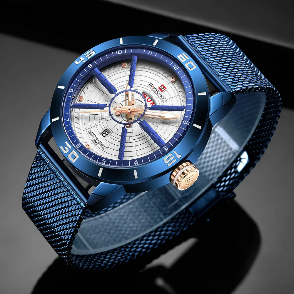 NAVIFORCE Blue Watches Men Fashion 3D Design Quartz Man Watch Mesh Strap Date Week Display Waterproof Top Brand Luxury Clock
NAVIFORCE Blue Watches Men Fashion 3D Design Quartz Man Watch Mesh Strap Date Week Display Waterproof Top Brand Luxury Clock