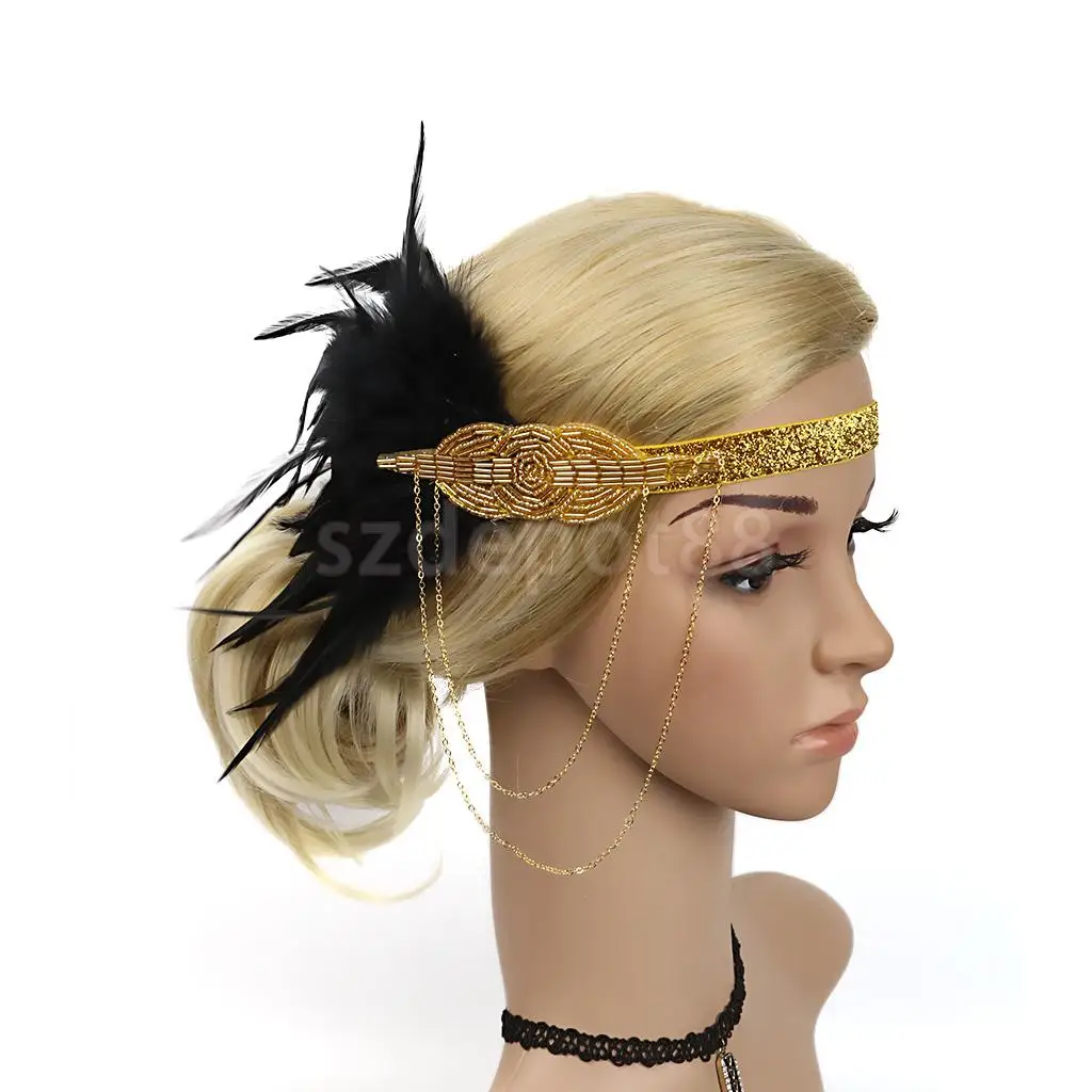 Vintage Feather Tassel Chain Plastic Beads Flapper Fascinator Headband 1920s Charleston Headpiece Women Ascot Race Headwear