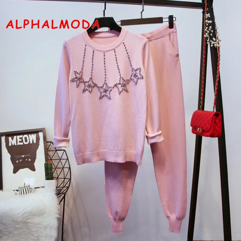 Женский вязаный спортивный костюм ALPHALMODA свитер ручной работы со стразами и