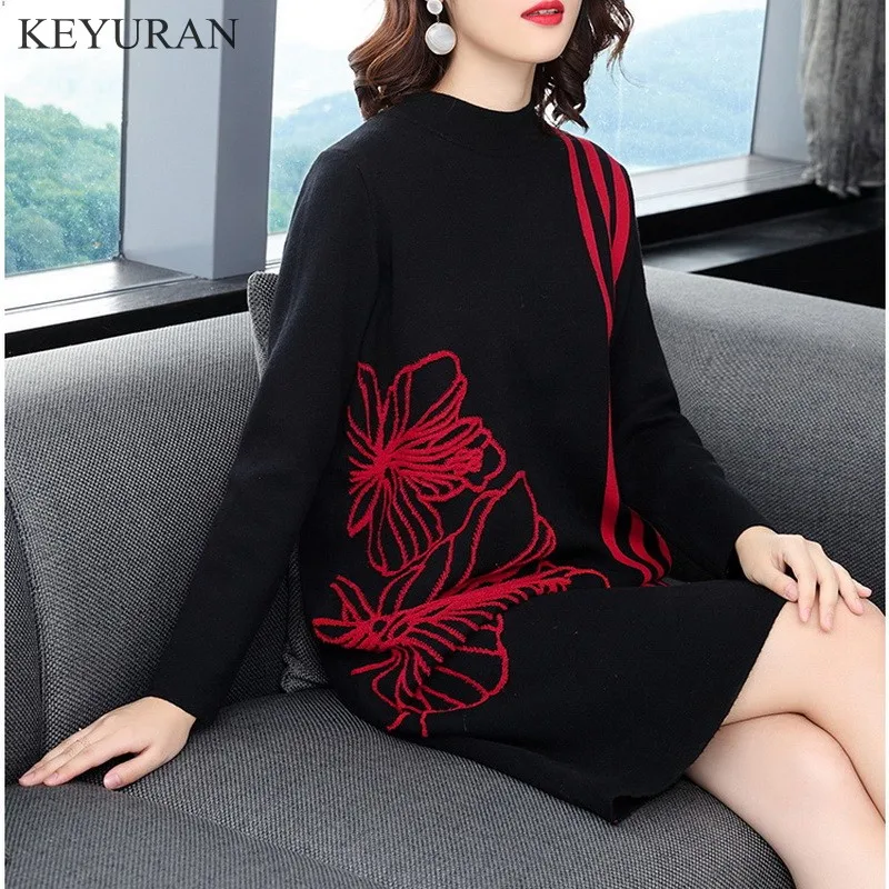 New Flower Embroidery Striped Prit Sweater Dress Women Autumn Winter Loose Pullovers Warm Knitted Dresses Vestidos Plus Size
New Flower Embroidery Striped Prit Sweater Dress Women Autumn Winter Loose Pullovers Warm Knitted Dresses Vestidos Plus Size