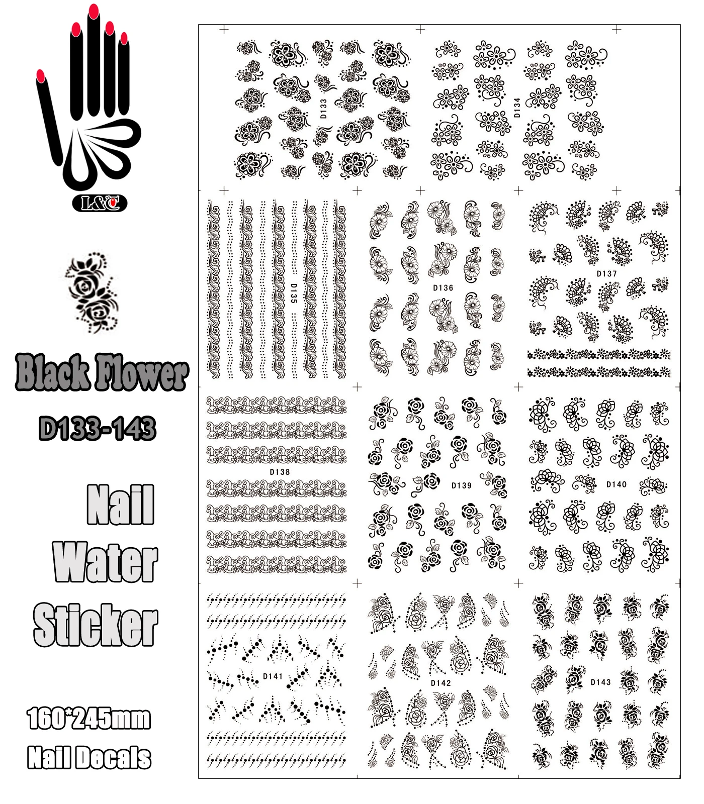 

11 Sheets/Lot Water Nail Stickers D133-143 Black Flower and Lace Nail Water Transfer Sticker Decal For Nail Tip(11 DESIGNS IN 1)