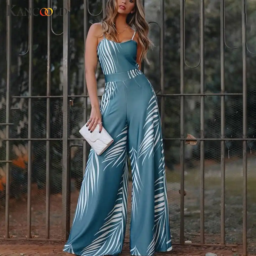 Fashion Women Summer Holiday Floral Print Casual Sling Sleeveless Jumpsuit US