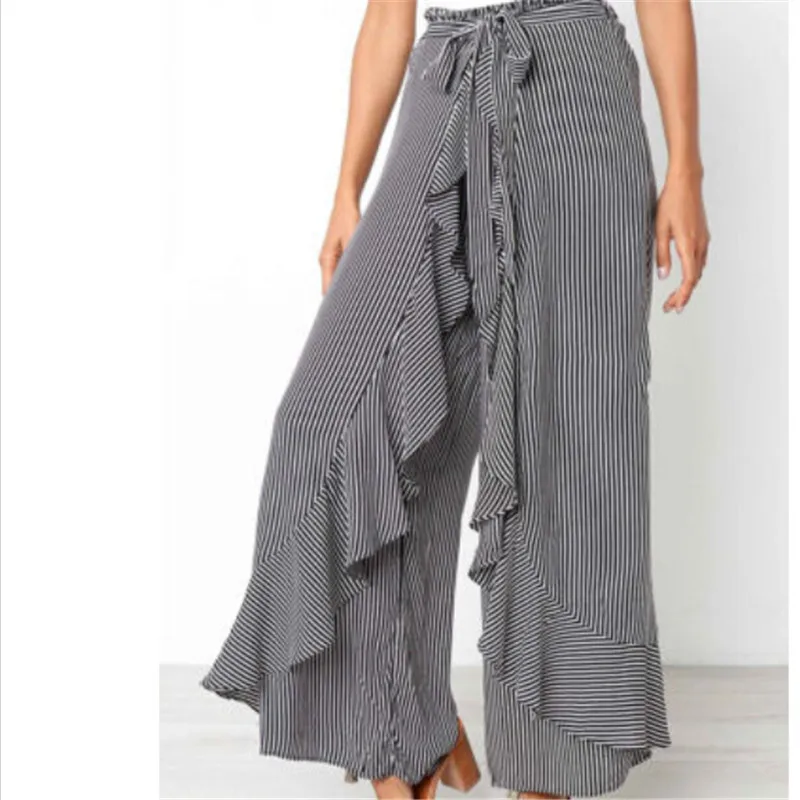 Sexy Striped Bow Tie Women High Waist Ruffle Wide Leg Long Pants Trousers Fashion Casual | Женская одежда