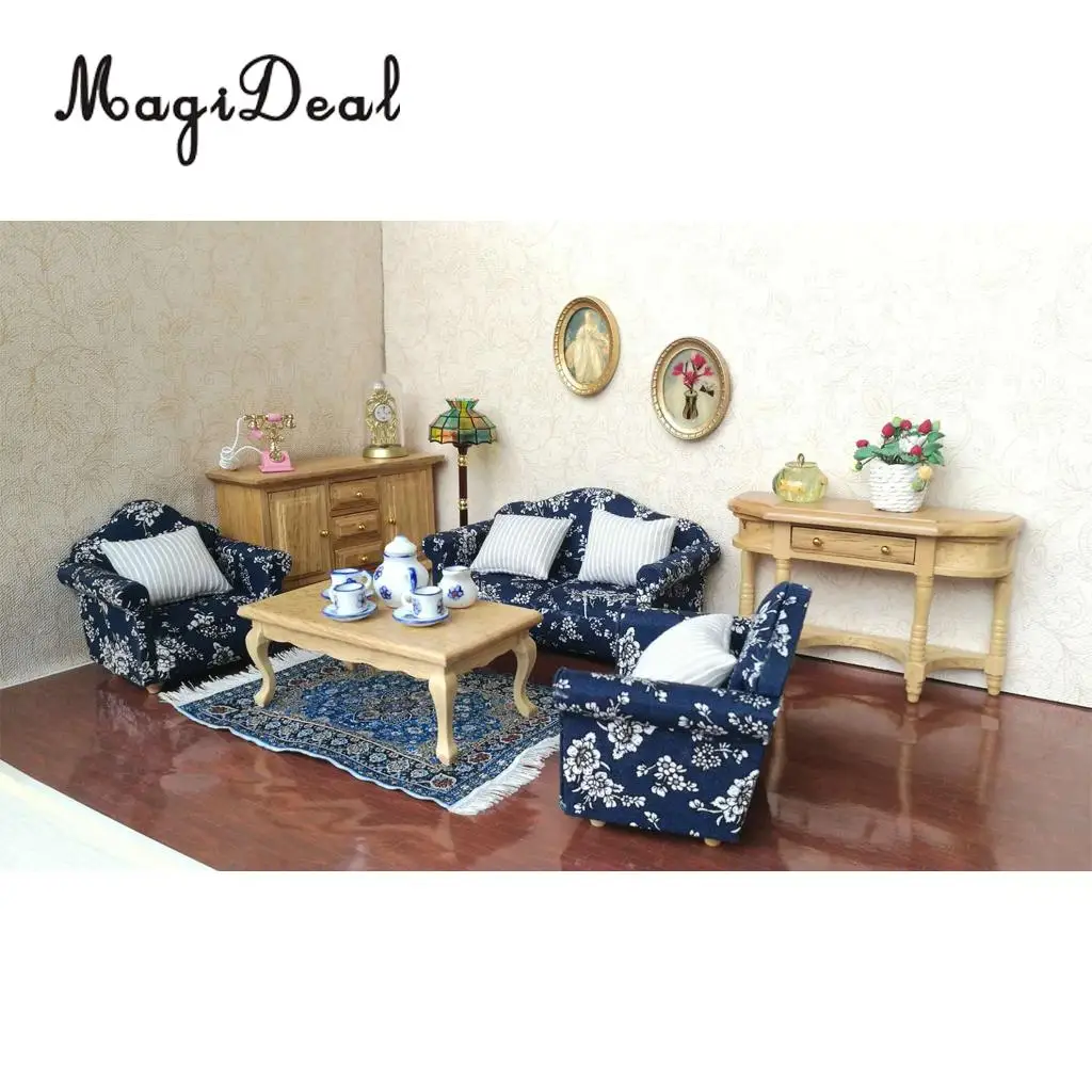 7 Pieces Wooden Floral Sofa Cushions Kit for 1/12 Scale Dolls House Miniature Furniture Decoration Kids Child Pretend Play Toys