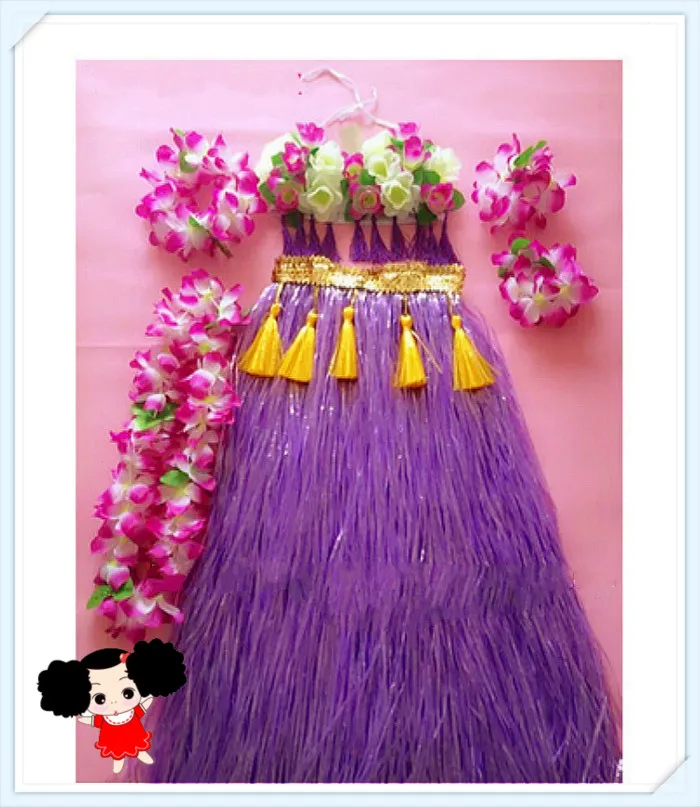 

60cm Hawaiian Hula Grass Skirt Flower Purple Party Dress Beach Dance 1set/lot Free Shipping