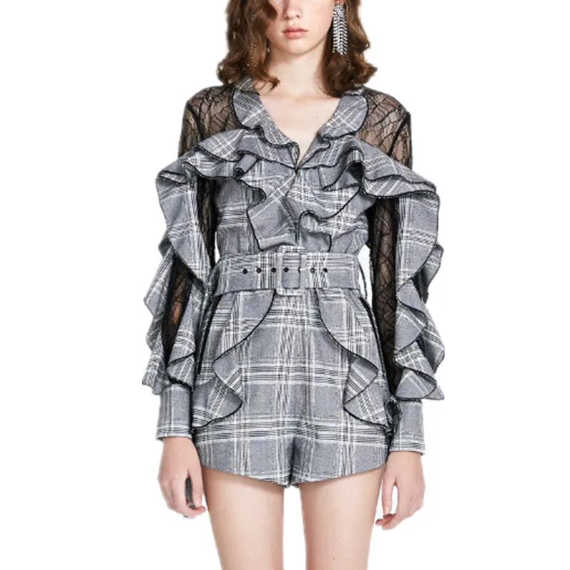 Women Playsuit 2018 Runway Designer Sexy Lace Patchwork Ruffle Plaid Playsuit Perspective Long Sleeve Short Jumpsuit With Belt
Women Playsuit 2018 Runway Designer Sexy Lace Patchwork Ruffle Plaid Playsuit Perspective Long Sleeve Short Jumpsuit With Belt