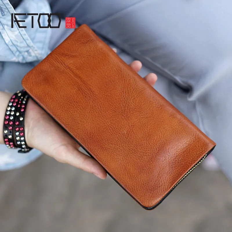 AETOO Handmade black brown leather retro long old leather casual wallet leather wallet large capacity men's ladies