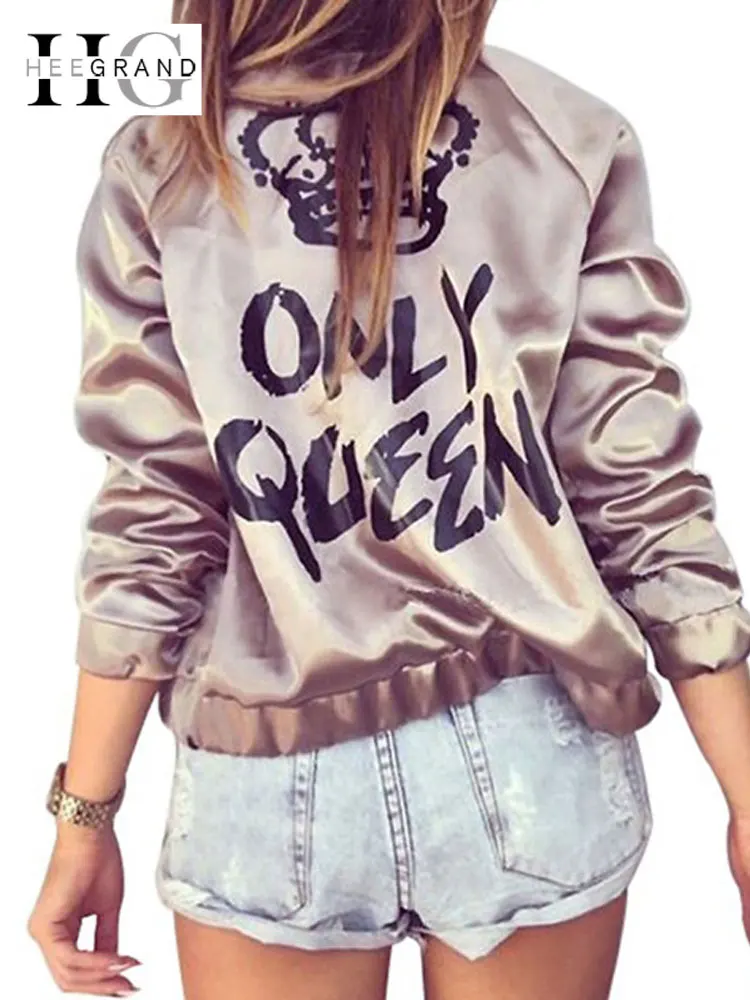 

HEE GRAND Women Fashion Basic Jacket Satin Gold Silver Bomber Coats Autumn ONLY QUEEN Crown Letter Print Outerwear WWJ889