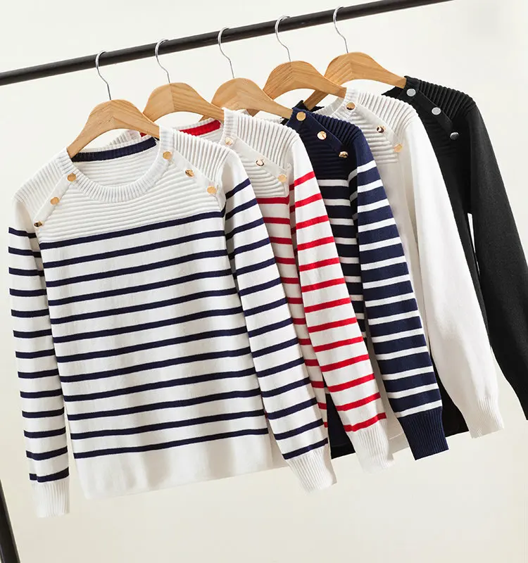 Women Pullover Sweater 2019 Spring Autumn Half Sleeve Pullovers Button Decorate Striped Knitted Sweaters Female Tops
Women Pullover Sweater 2019 Spring Autumn Half Sleeve Pullovers Button Decorate Striped Knitted Sweaters Female Tops