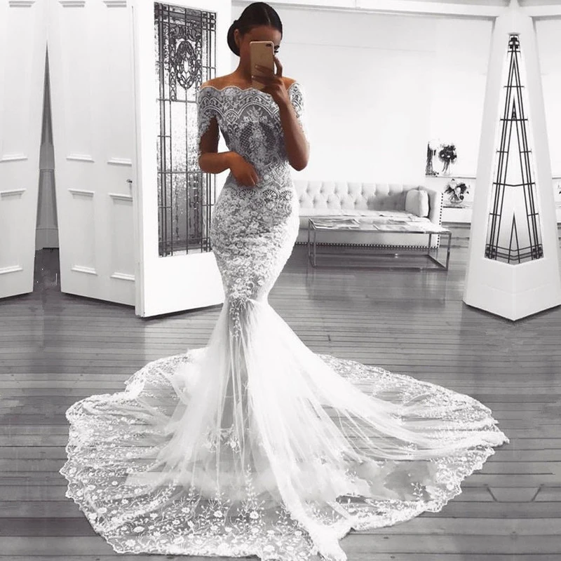 Glamorous Lace Appliques Prom Gowns Modest Off-Shoulder Mermaid Wedding Gowns Free Custom Made Half Sleeves Formal Party Dresses
Glamorous Lace Appliques Prom Gowns Modest Off-Shoulder Mermaid Wedding Gowns Free Custom Made Half Sleeves Formal Party Dresses