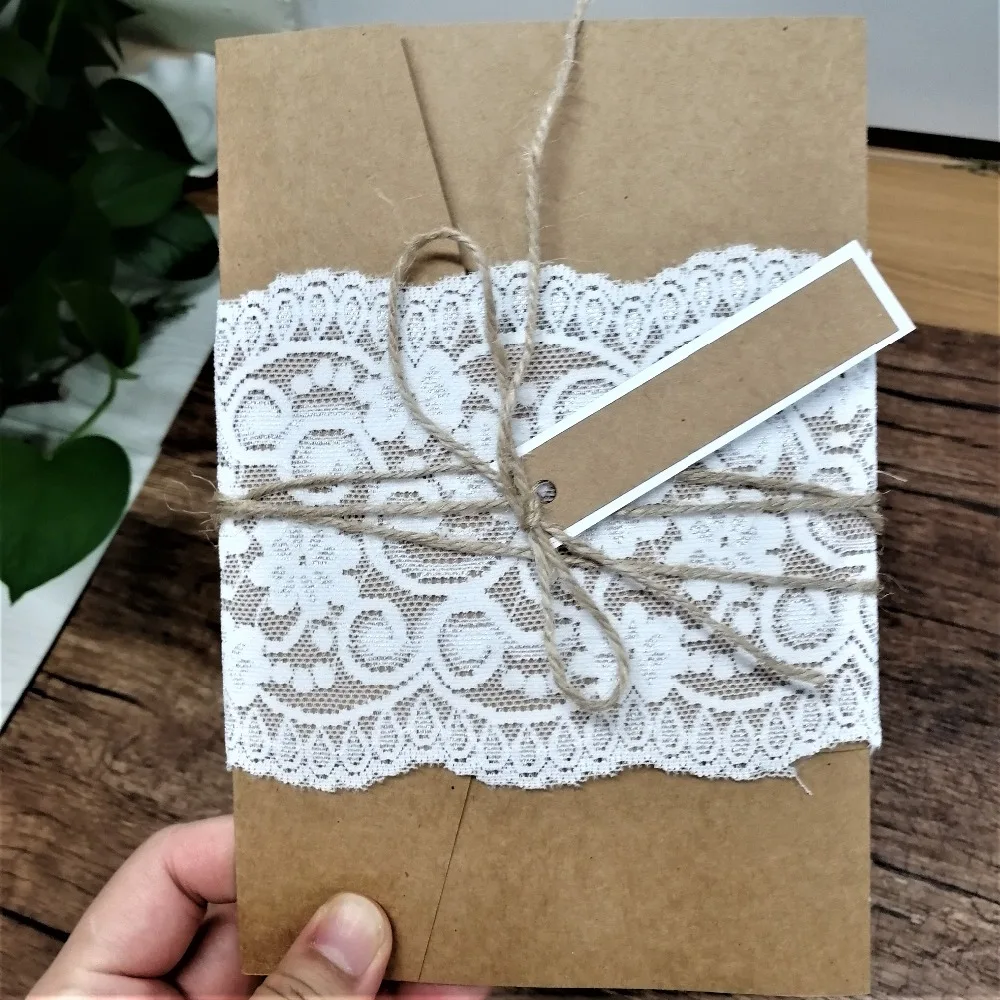 Hot sale wedding invitation card kraft paper invitation card with printed inner paper and lace and twine
Hot sale wedding invitation card kraft paper invitation card with printed inner paper and lace and twine