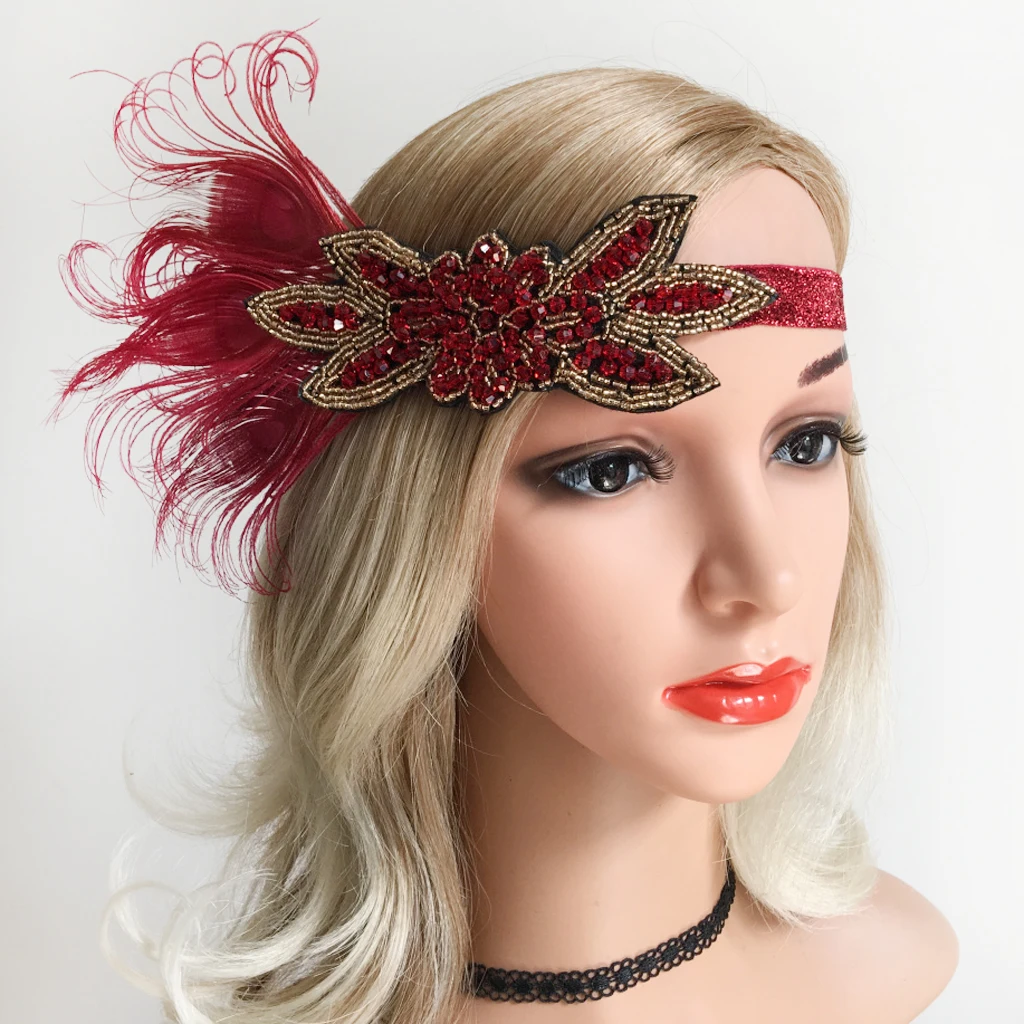Ladies Women Retro Wine Red Feather Flapper Headband Roaring 20s Headpiece 1920s Cosplay Costume Hairband