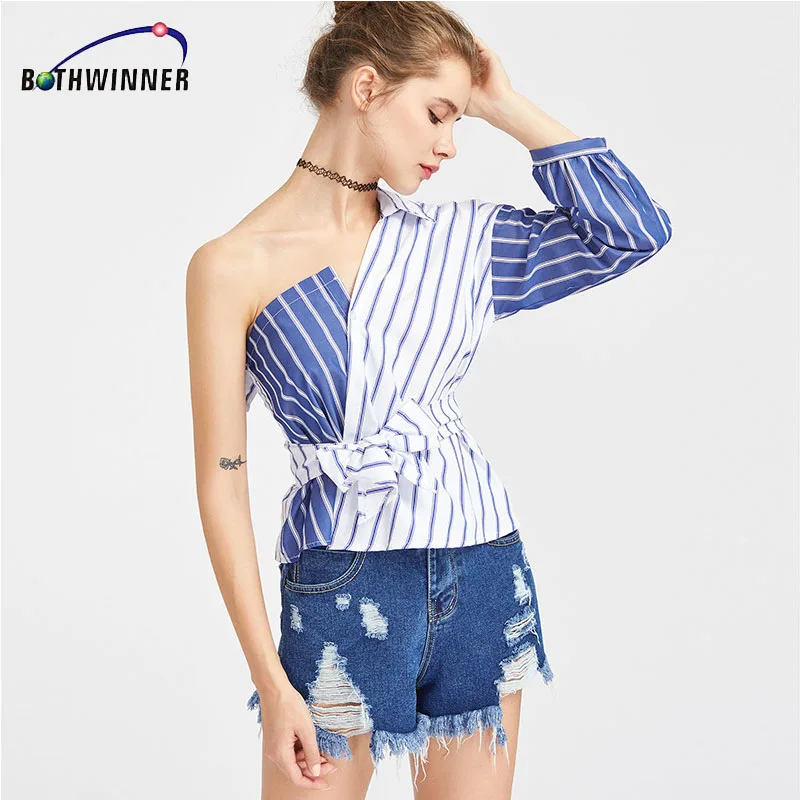 Bothwinner Striped Women Blouses One Shoulder V-neck Half Puff Sleeve Casual Shirts Women Bow Ruffle Tie Waist Slim Tops
Bothwinner Striped Women Blouses One Shoulder V-neck Half Puff Sleeve Casual Shirts Women Bow Ruffle Tie Waist Slim Tops