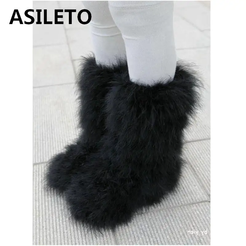 

ASILETO Winter Women Snow Boots Genuine Real hairy Ostrich Feather furry Fur flats plush warm ski outdoor boots shoes botte T553