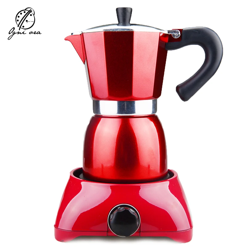 Image 2PCS Stainless Steel Coffee Moka Pot Set With Electric Stove Electric heating Filter Coffee pots Machine Red Moka Maker 220v