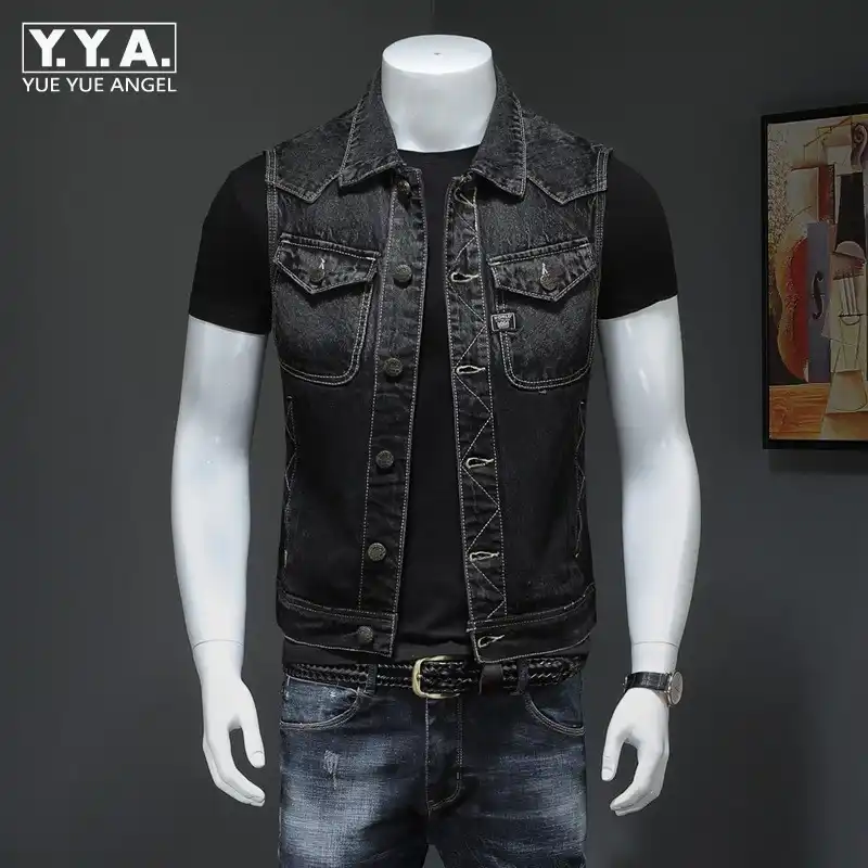 black sleeveless denim jacket mens