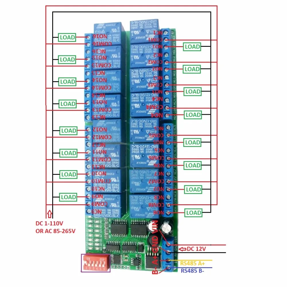 

1 PCS 16ch DC 12V RS-485 Modbus RTU Relay Board RS485 Bus Remote Control Switch for LED Motor PLC PTZ Camera Smart Home