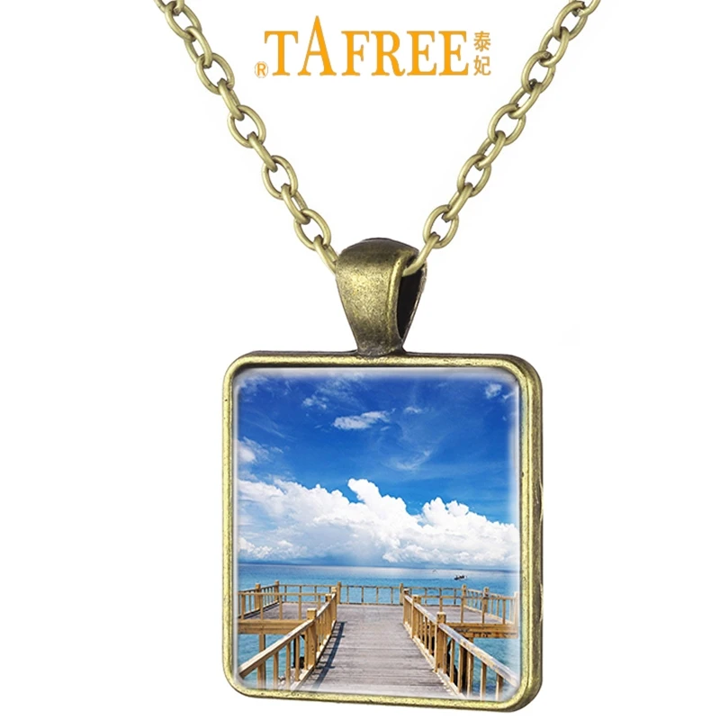 

TAFREE the beaches in Sanya Chinese Scenery Art Picture Square Necklace Antique Bronze Plated Glass Cabochon Dome Jewelry SY05