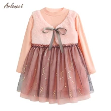 ARLONEET เด็กสาวปาร์ตี้และงานแต่งงานยาวปลอมสองชิ้นเย็บจีบตาข่ายลูกไม้เจ้าหญิง dress2018(China)