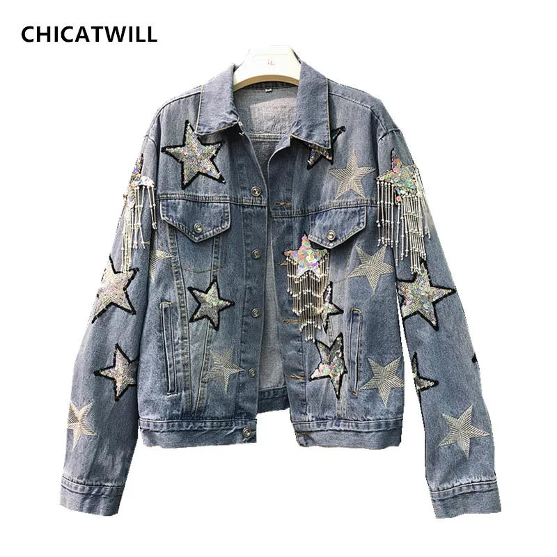 CHICATWILL 2019 Bling Bling Sequins Letters Embroidery Stars Hip Hop Denim Jackets for Women Tassels Beading Casual Outerwear
CHICATWILL 2019 Bling Bling Sequins Letters Embroidery Stars Hip Hop Denim Jackets for Women Tassels Beading Casual Outerwear
