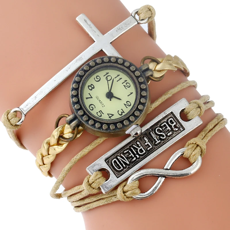 

Gnova Platinum Christian Cross Golden Bracelet Women Watch Best Friends Vintage Fashion Paracord Shammy Quartz Wristwatch A894