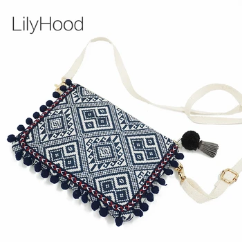 

LilyHood Clutch Shoulder Bag Women Boho Chic Bohemian Gypsy Aztec Ibiza Tribal Cotton Pom Pom Cute Small Flap Bag Zipper Purse