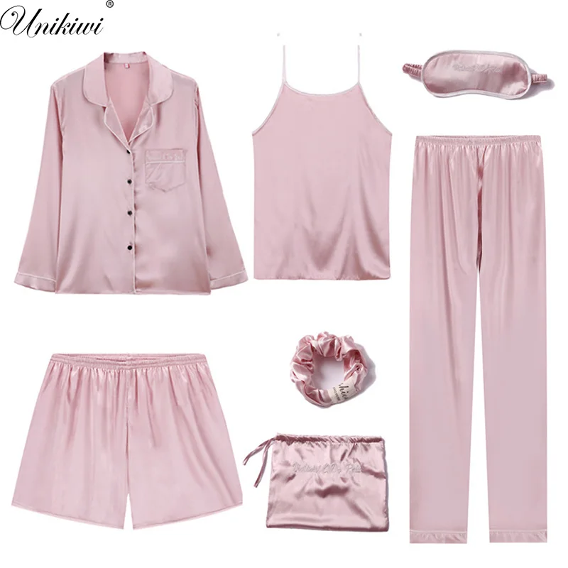 Women's Lingerie Homewear 7 pieces Solid color Pajama Sets Satin Sleepwear Ladies Pyjamas Set Pijamas Suit Loungewear.4 Colors
Women's Lingerie Homewear 7 pieces Solid color Pajama Sets Satin Sleepwear Ladies Pyjamas Set Pijamas Suit Loungewear.4 Colors
