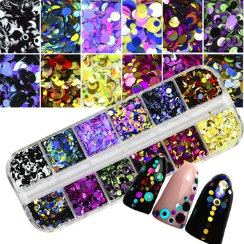 Full Beauty 1 Set Dazzling Round Nail Glitter Sequins Dust Mixed 12 Grids 1/2/3mm DIY