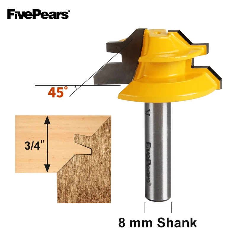 FivePears 45 Degree Lock Miter Router Bit Width 1-1/2 Inch Milling Cutter with 8mm Shank Woodworking Milling Cutters
FivePears 45 Degree Lock Miter Router Bit Width 1-1/2 Inch Milling Cutter with 8mm Shank Woodworking Milling Cutters
