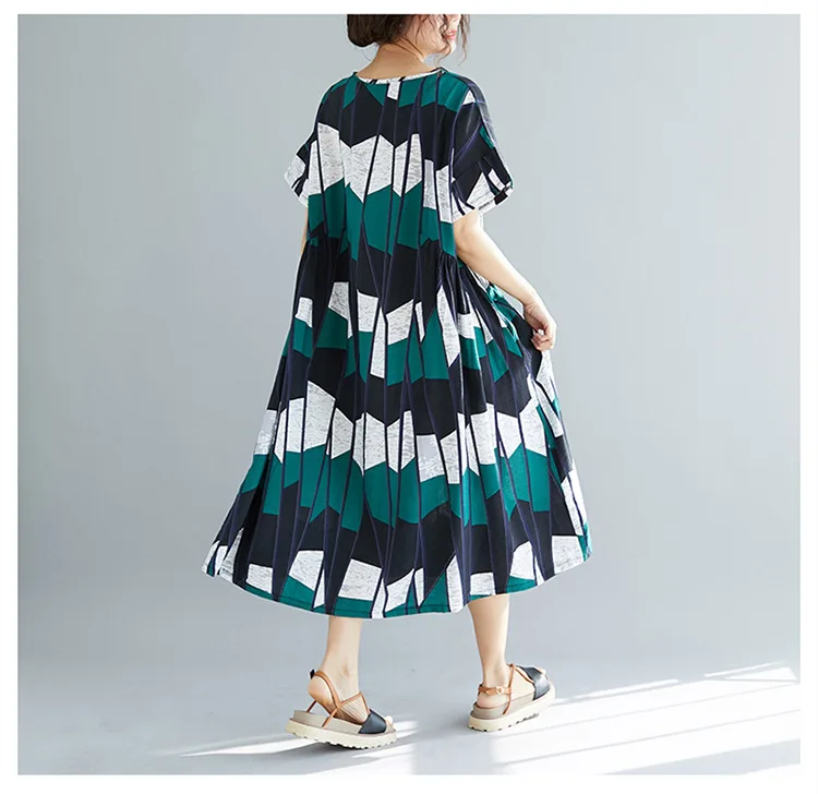 Geometry Irregular Print Cotton Linen Casual Summer Dress 2019 O-neck Short Sleeve Women Midi Dress Vestidos (10)