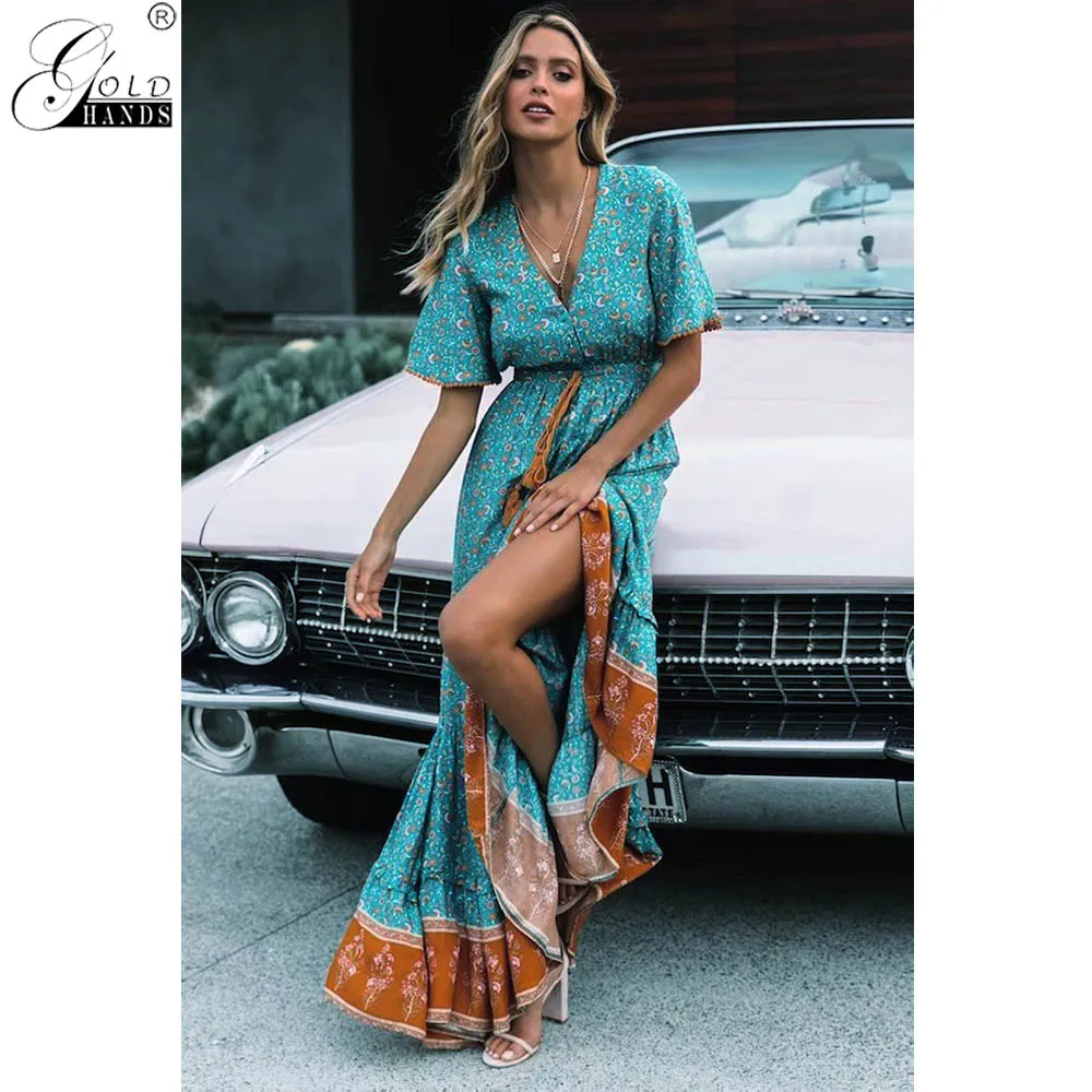 Gold Hands New Bohemian Print Summer Dress Women Short Sleeve Ruffled Long Maxi Elegant V-neck Drawstring Ladies Cotton Dresses
Gold Hands New Bohemian Print Summer Dress Women Short Sleeve Ruffled Long Maxi Elegant V-neck Drawstring Ladies Cotton Dresses