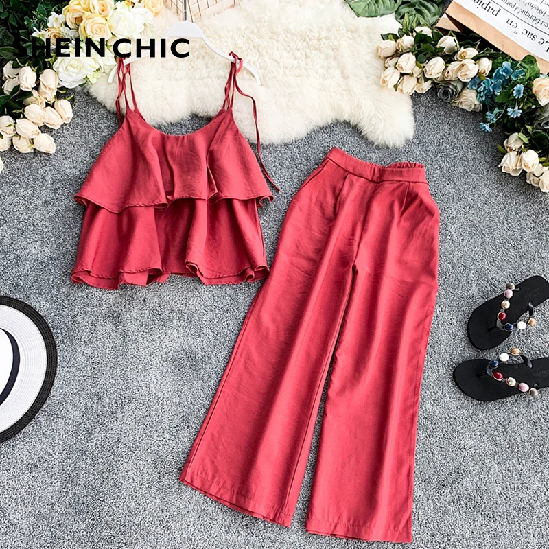 Vintage 2019 Summer Two Piece Set Ruffles Strap Chic Tops And Elastic Waist Full Length Pants Female Casual Two Piece Suit Sets
Vintage 2019 Summer Two Piece Set Ruffles Strap Chic Tops And Elastic Waist Full Length Pants Female Casual Two Piece Suit Sets