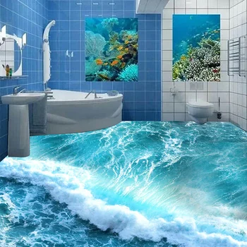 

Custom Floor Mural Ocean Seawater Bathroom Floor Vinyl Wallpaper Self-adhesive Waterproof Wall Home Decor Wallpaper For Walls 3D