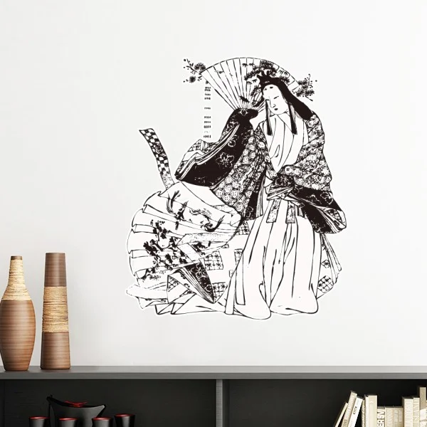 

Japan Traditional Culture Black Kimono Woman Drawing Art Japanese Style Wall Sticker Art Decals Mural Wallpaper for Room Decal