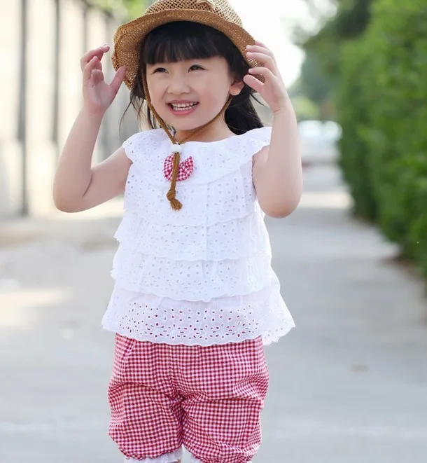 2PCS Baby Kid Girl Sleeveless T-shirt +Plaid Pants Shorts Clothes Set 1-4Y