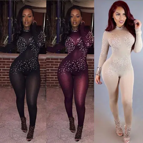 

Sexy Women Mesh Sheer Bodycon Bandage Long Sleeve Clubwear Party Jumpsuit Romper Playsuit Clothes One-Piece Slim Beading Rompers