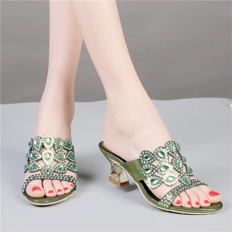 2016 New Diamond Sandals Green Cheap Chunky High Heels Best Luxury Casual Shoes Ladies Leather Slippers4