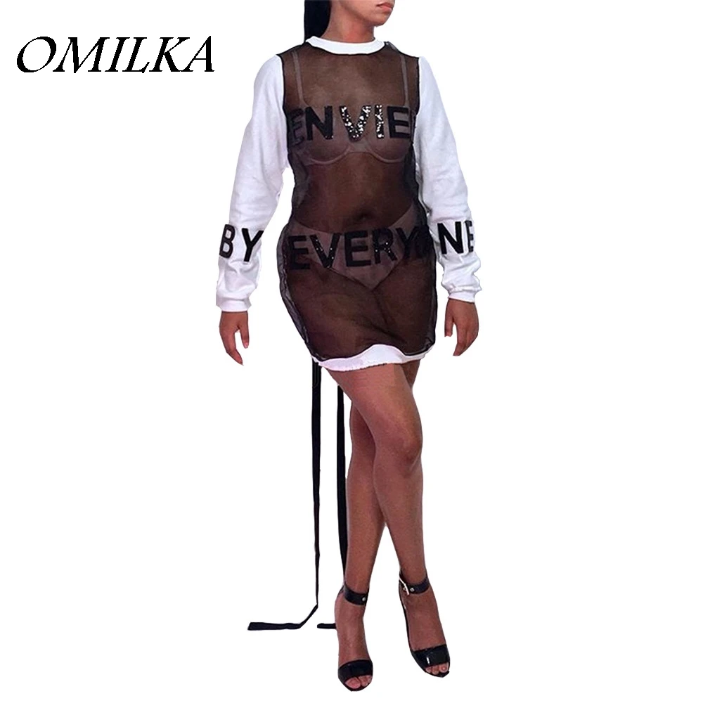 OMILKA 2018 Summer Women Long Sleeve O Neck Letter Printed Sequin Dress Sexy White Black Hollow Out Mesh Club Party Mini Dress
OMILKA 2018 Summer Women Long Sleeve O Neck Letter Printed Sequin Dress Sexy White Black Hollow Out Mesh Club Party Mini Dress