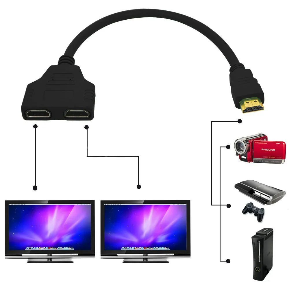 1/2 HDMI Splitter 1 In 2 Out HDMI Male To 2 HDMI Female Cable Adapter for Computer DVD TV HDTV
1/2 HDMI Splitter 1 In 2 Out HDMI Male To 2 HDMI Female Cable Adapter for Computer DVD TV HDTV